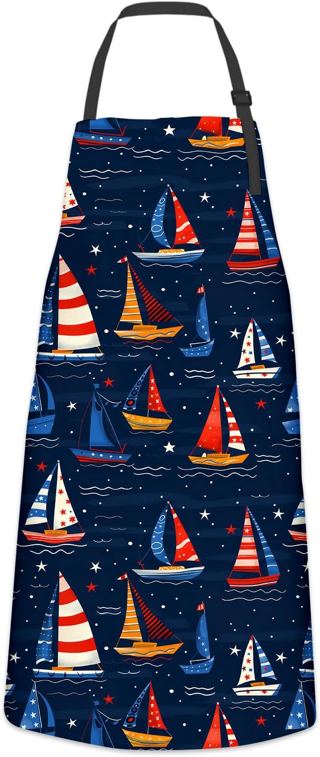 Beautiful Sailboat Apron for Women Men, Cooking BBQ Chef Polyester Lightweight Nautical Design Aprons with Pockets for Baking Kitchen Gardening Cleaning, Adjustable Neck Strap, 28×33inch