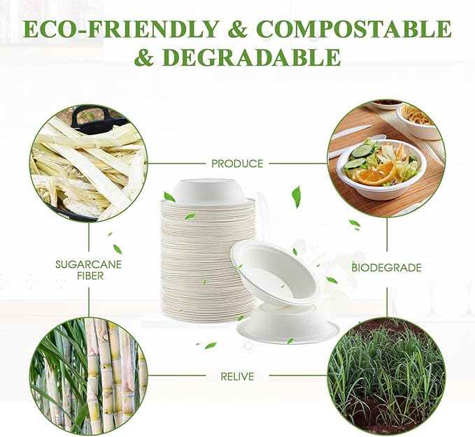 Vplus 200 Pack 16 OZ Paper Bowls, Disposable Compostable Bulk, Eco-friendly Bagasse, Heavy-duty Bowls Perfect for Milk Cereals, Snacks, Salads