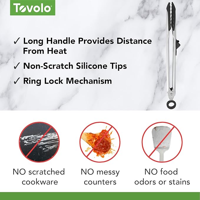 Tovolo Tongs With Silicone Tips Easy Grip 13” Long Kitchen Tongs Stainless Steel Handle For Cooking BBQ, Non Scratch Heat Resistant Locking Metal Tongs Silicone Tipped Dishwasher Safe BPA Free, Black