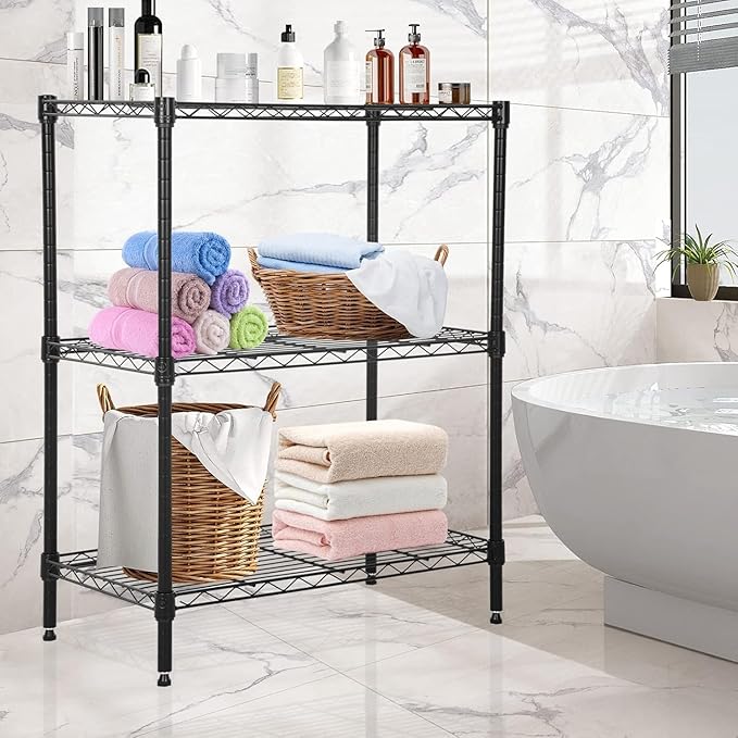 3 Tier Shelf Adjustable Wire Shelving Unit Metal Shelves with Leveling Feet Storage Rack for Kitchen Bathroom Utility Shelf Space Saving, 450lbs Capacity, 13"x23"x30"H, Black