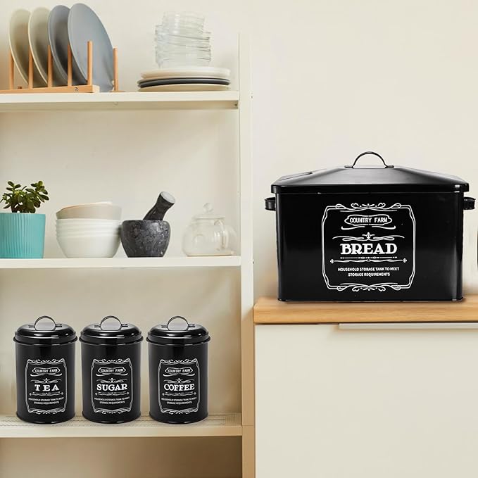 yarlung Metal Bread Box with 3 Kitchen Canisters Set, Large Black Farmhouse Bread Tin for Kitchen Countertop, Coffee Tea Sugar Canister with Airtight Lid for Pantry Organizer Home Storage