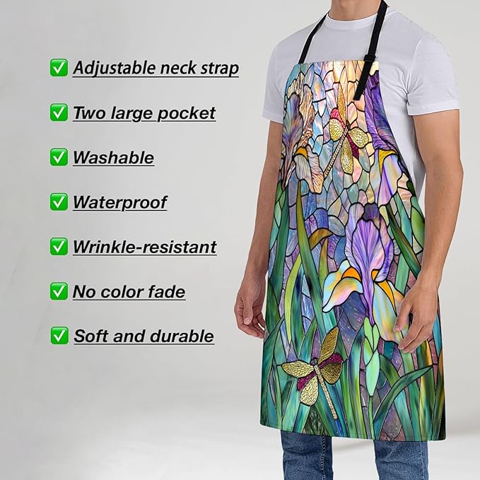 Stained Glass Apron for Women, 28x33in, Kitchen Chef Aprons with 2 Pockets, Polyester, Modern Floral Dragonfly Apron for Cooking BBQ Baking Gardening Chef, Gifts for Mom Wife Dad