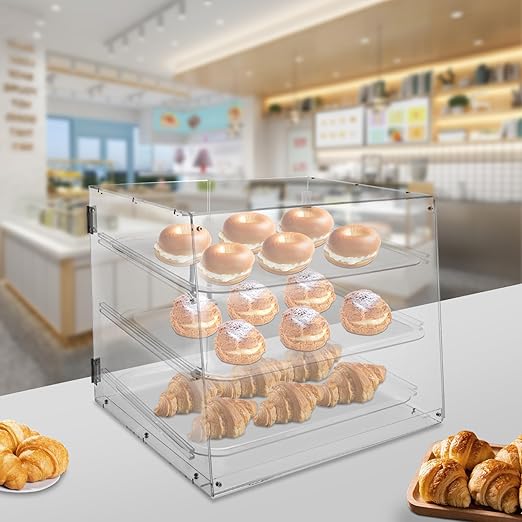 Commercial Bakery Pastry Display Case, 3-Tier Large Cookie Display Stand with Magnetic Door Lock, Adjustable Bread Box for Bakery, Coffee Shop, Snack Store