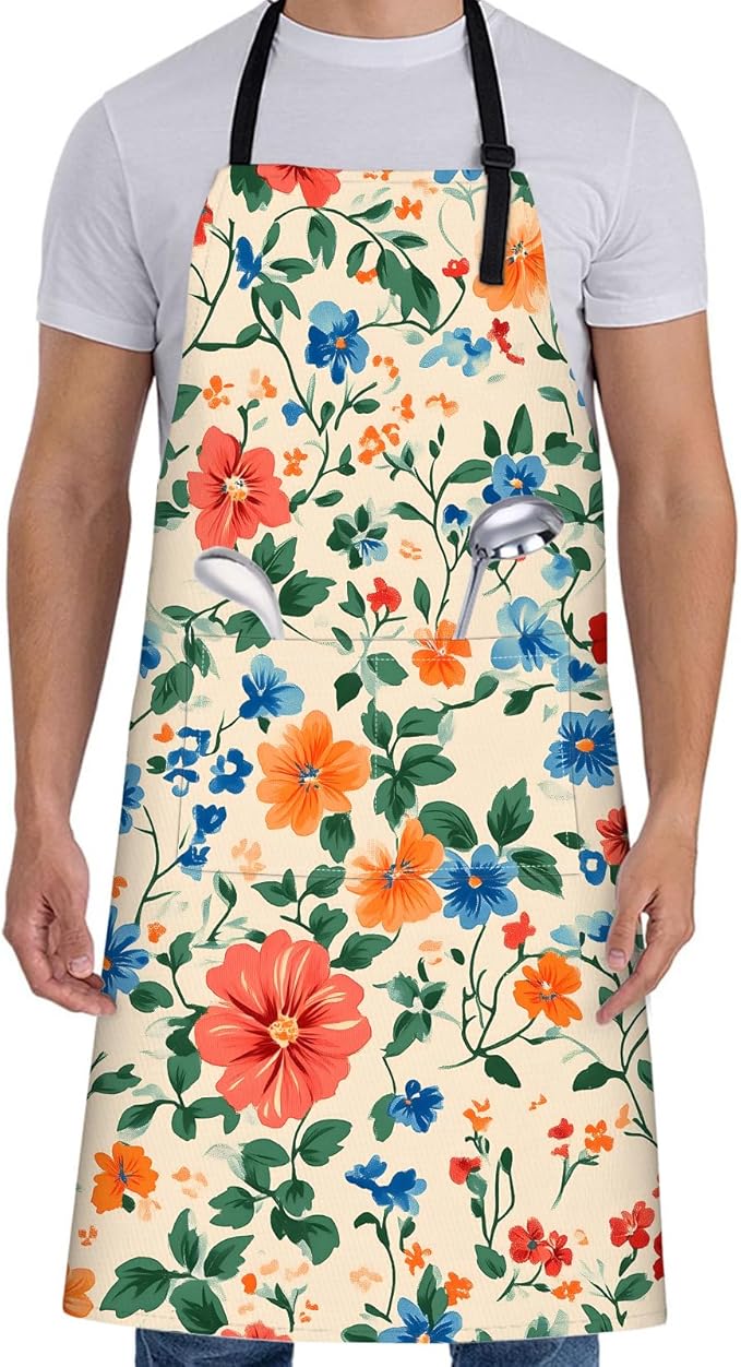 Retro Floral Apron for Women with Flowerl,28x33in,Vintage Garden Kitchen Aprons with 2 Pockets, Oxford Fabric,Beautiful Adjustable Apron for Cooking Baking Gardening Chef,Gifts for Mom Wife