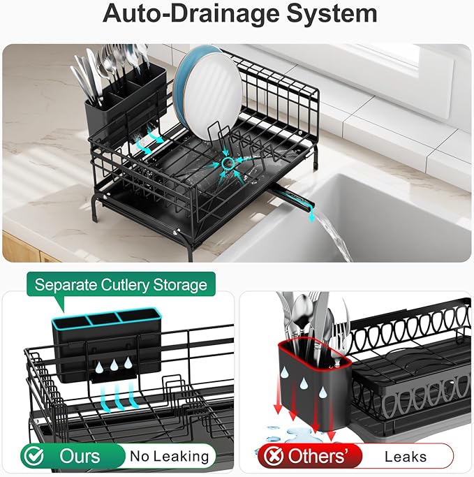 GSlife Expandable Dish Drying Rack - Small 2-in-1 Dish Racks for Kitchen Counter and Sink, Compact Dish Rack with 2 Pan Slot & High Raised Edges for RV and Apartment, 18.7"-11.4" L x 15.6" W, Black