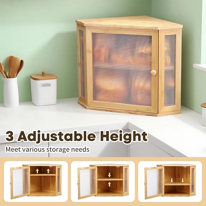 Corner Bread Box for Kitchen Countertop Bamboo Large Capacity Bread Storage Bin with Acrylic Wavy Door Panel,Bread Box Under Cabinet (Natural,Medium)