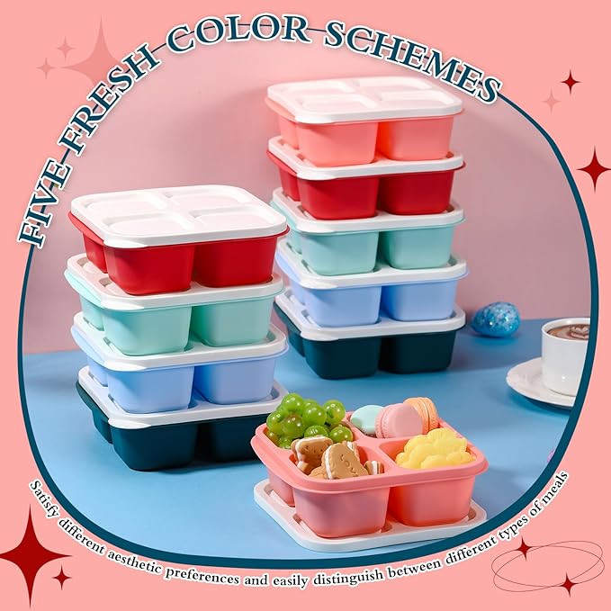Honeydak 10 Pack Snack Container 4 Compartment Reusable Bento Snack Boxes Divided Lunchable Containers with Lids Meal Prep Lunch Food Storage Boxes for School Work Travel(Melon Color)