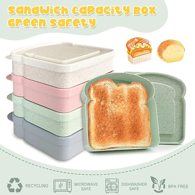 Sandwich Containers, Sandwich Containers for Lunch Box, Reusable Toast-Shaped Lunchbox, BPA-Free Plastic Food Storage with Lid, Microwave & Dishwasher Safe, for Adults & Families