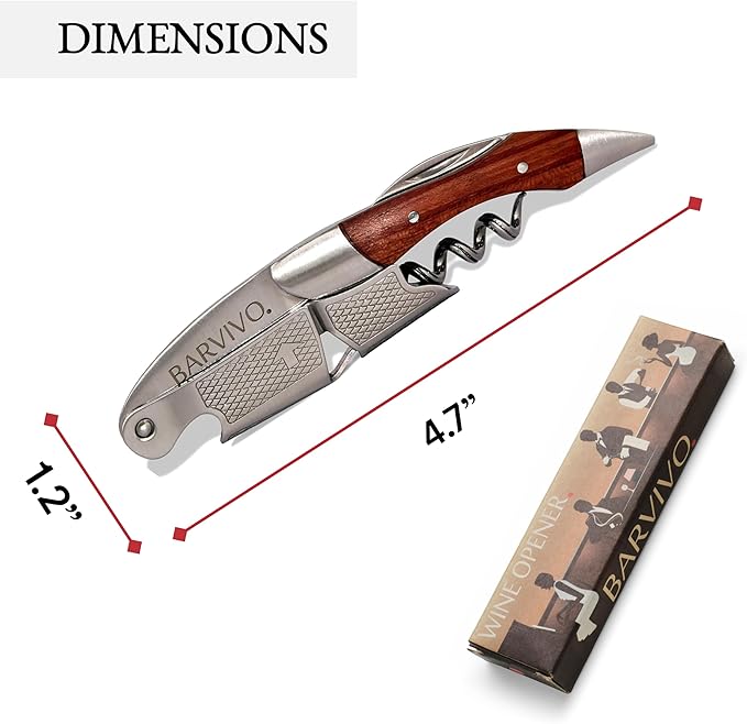 Barvivo Wine Bottle Opener with Double Hinged Corkscrew - 4.5-Inch Manual Wine Key with Foil Cutter and Cap Remover - Stainless Steel Bar Key Tool for Bartenders and Servers - Natural Rosewood Handle