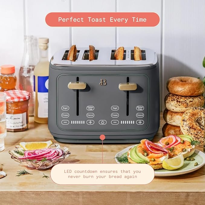 Beautiful 4-Slice Toaster by Drew Barrymore – Touch Display, Extra-Wide Slots, Bagel & Frozen Functions, Stainless Steel (Oyster Gray)