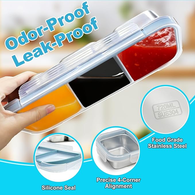 Snack Containers, 2Pack Steel Snackle Box Leakproof 3-Compartment Metal Bento Box with Airtight Lids, Reusable Food Storage Container for Lunch, Travel, Picnics, and Office