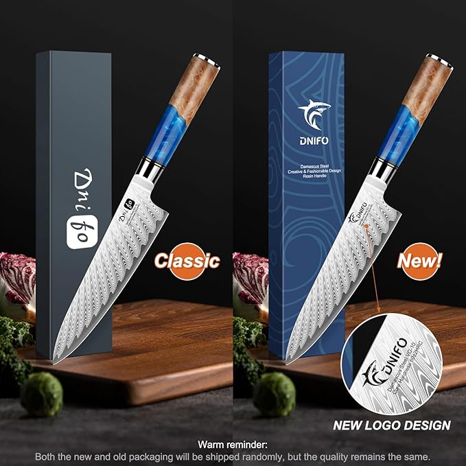 Chef Knife 8 Inch, Damascus VG-10 Steel Sharp Japanese Kitchen Knife with Gift Box and Resin Wood Handle, Ideal Birthday Gift for Men and Women