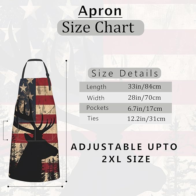 American Flag Deer Apron,Oxford Fabric Adjustable Kitchen Apron with 2 Pockets,Waterproof Cooking Aprons for Men Women Mom Wife Dad,Ideal Gifts for Coffee,Shop,Baking,BBQ,Housewarming,28x33in