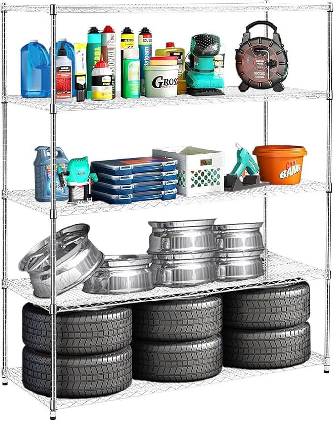 Metal Wire Shelving Unit Storage Shelves, Heavy Duty Metal Storage Shelf with Wheels, Adjustable Commercial Wire Rack for Garage or Kitchen (Silver, 5-Tier, 60"x18"x72")