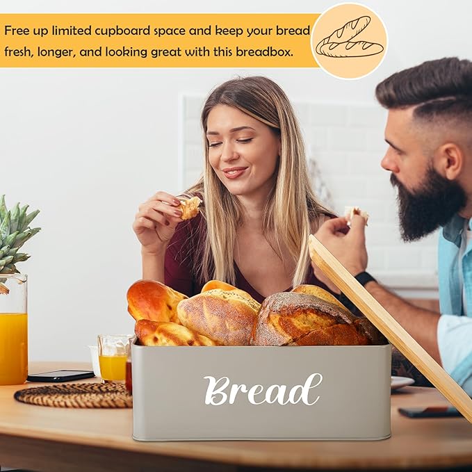 Hushee Metal Bread Box and Butter Dish with Bamboo Cutting Board Lid and Knife Bread Storage Container Breadbox for Kitchen Counter Butter Organizer for Kitchen Countertop Decoration(Gray)