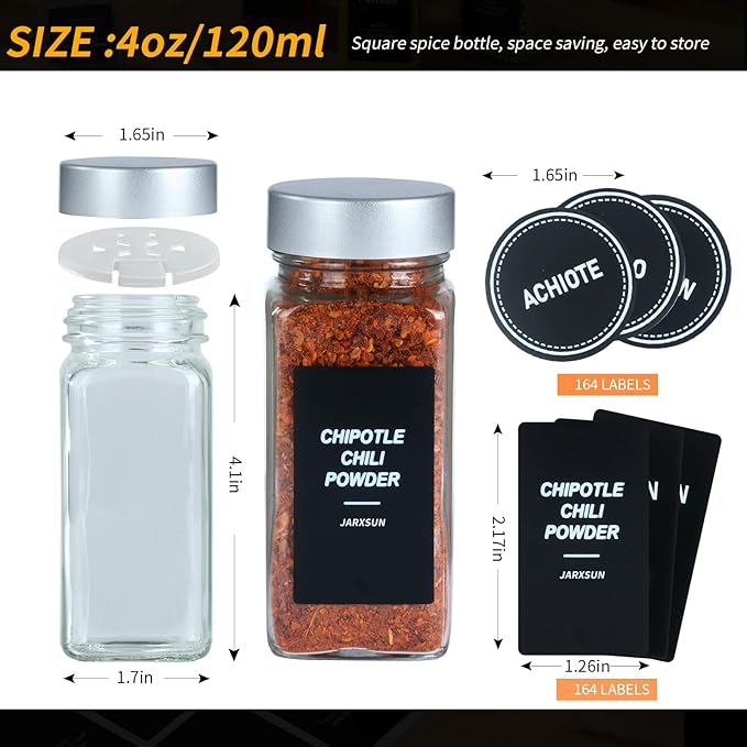 36 Glass Storage Jars- Spice Jars with Label-4oz Spice Containers with Shaker Lids，Silvery Lids,3 Sets of Spice Labels for Spice Rack, (36)
