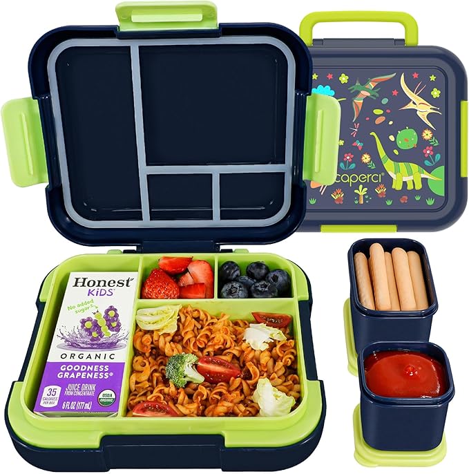 Caperci Bento Box for Kids - Leak-Proof Lunch Box Snack Container with 2 Modular Containers & 4-Compartment, Hold 4.8 Cups, Portable Handle, BPA-Free, Microwave/Dishwasher Safe (Dinosaur)