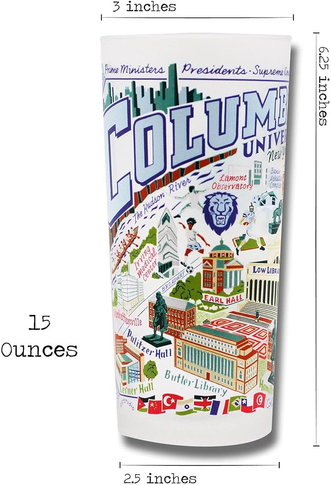 Catstudio Drinking Glass, Columbia University Glass Cup for Kitchen, 15oz Dishwasher Safe Tumbler for Columbia Alumni