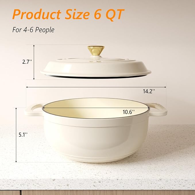 ROVSUN Enameled Cast Iron Round Dutch Oven, 6QT Pot with Lid &Dual Handles with Silicone Gloves,Oven Safe up to 500°F, Heavy-Duty Pre-Seasoned Cookware for Bread Baking, Braising, Stews, Roasting, Cream White