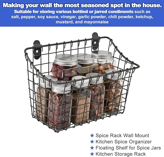Wall Mounted Iron Spice Rack – Grey Painted Kitchen Wall Shelf & Seasoning Organizer for Jars, Condiments & Spices – 26.5cm W × 14cm D × 18.5cm H Floating Pantry Storage Rack with Screw Mount