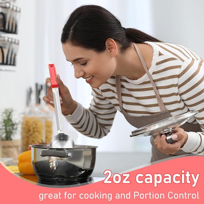 2 Pcs Portion Control Serving Spoons, Restaurant Measuring Serving Ladle Utensils, Portion Spoons for Weight Loss, Kitchen(Red,2 oz,Solid and Slotted)