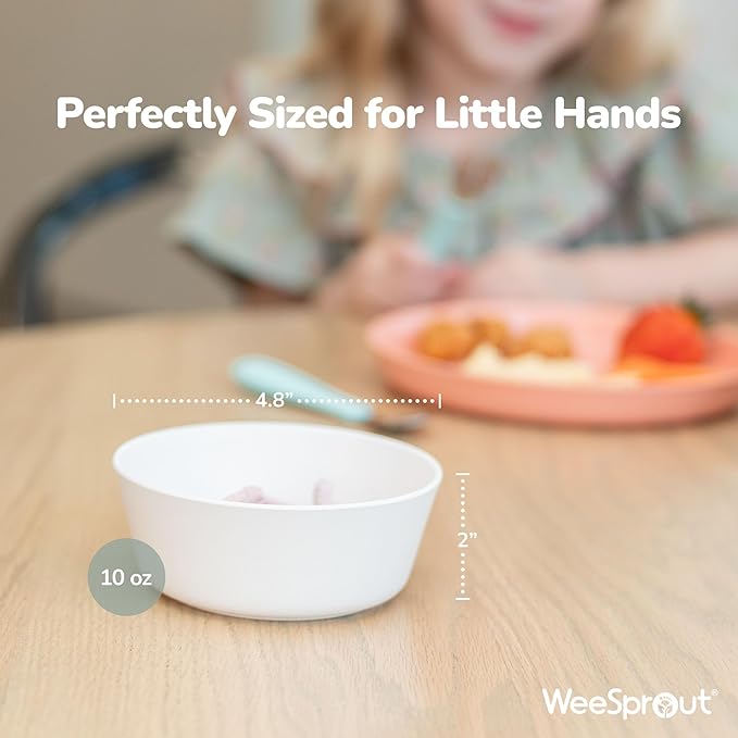 WeeSprout Bamboo Kids Bowls with Lids, Set of Four 10 oz Kid-Sized Dinnerware, Cereal, Leftovers & Snack Bowl, Dishwasher Safe (Blue, Yellow, Orange, & Red)