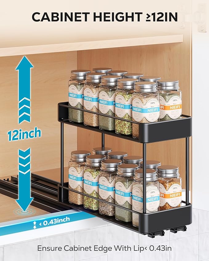 Nieifi Spice Rack Organizer for Cabinet, Vertical Spice Rack Pull Out, Easy to Install, Metal, 4.1''Wx10.35''Dx8.4''H, 2 Pack, 2 Tiers(Black)