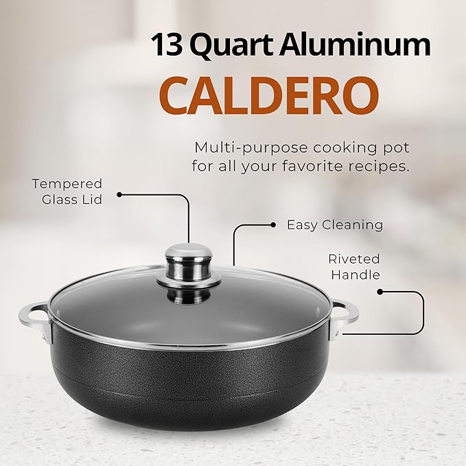 Alpine Cuisine 13-Quart Nonstick Aluminum Caldero Pot with Glass Lid & Riveted Handle | Heavy-Duty Cookware for Large Servings of Stew & Rice | Easy Clean, Black