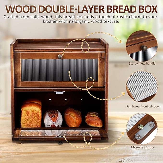 PRETYZOOM Bread Box for Kitchen Countertop, 2 Layer Wooden Bread Storage Bin with Magnetic Closure Window, Vintage Farmhouse Organization Kitchen Food Organizer
