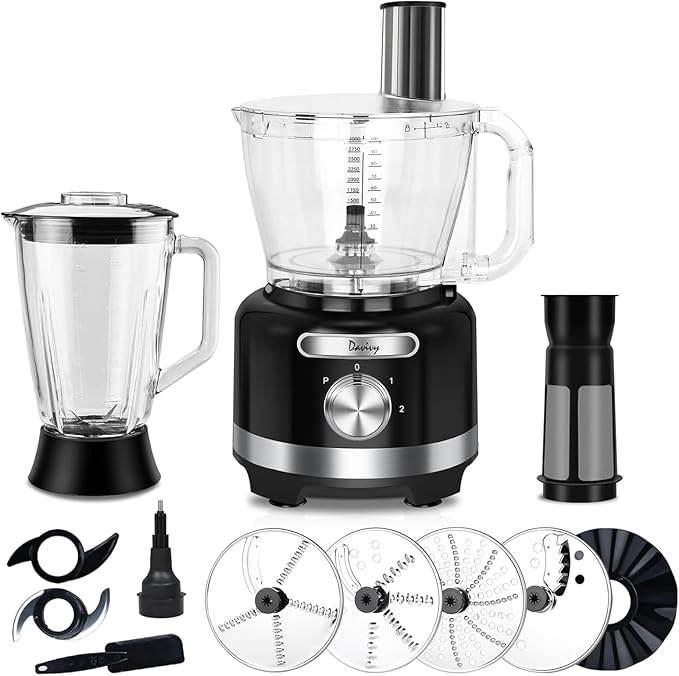 Davivy 16 Cup Food Processor & Blender Combo – 10-in-1 Multifunction 3.8L Processor with 6 Cup (50oz) Glass Blender, 2 Speeds + Pulse, Vegetable Chopper & Meat Grinder for Home Use, Black