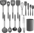 LIANYU 15-Piece Cooking Kitchen Utensils Set with Holder, Silicone Kitchen Tools Stainless Steel Handle, Slotted Spatula Spoon Turner Tong Whisk Brush for Cooking, Gray
