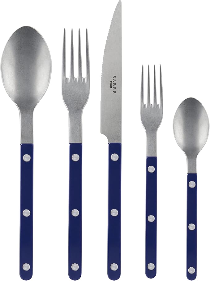 SABRE PARIS - 5-Piece Flatware Set - Bistrot Vintage Collection - Knives, Forks, Soup Spoons, Teaspoons & Dessert Forks - Stainless Steel & Acrylic - Dishwasher Safe - Navy Blue - Mat Finish