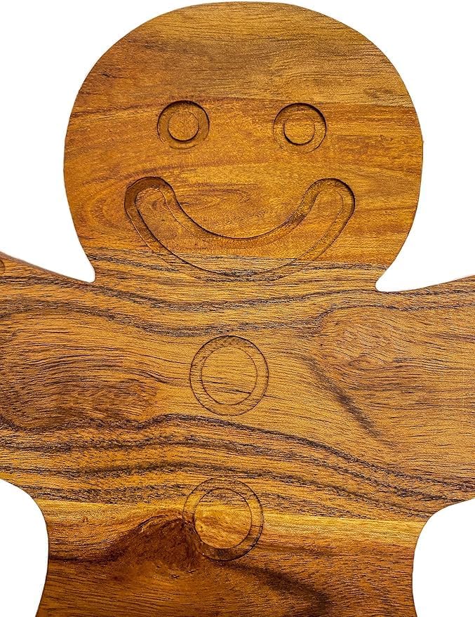 Wood Cutting Chopping Board for Kitchen Christmas Gift Gingerbread Shaped with Grooves, Decorative Wooden Cutting Board for Cheese & Charcuterie.Serving Platter 33.8L x 27.3W cm Brown