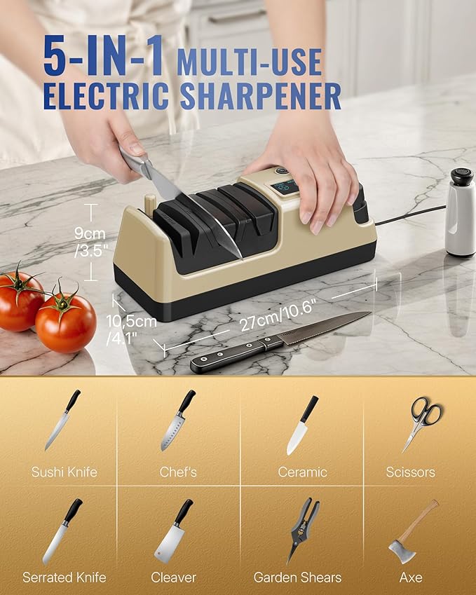 Electric Knife Sharpener, 5-in-1 Scissor Sharpeners, 3 Rotational Speed Adjustable Electric Knife Sharpener for Straight/Serrated/Ceramic Knives, Scissors, Chef Knives, Axes, Gold G01KS06