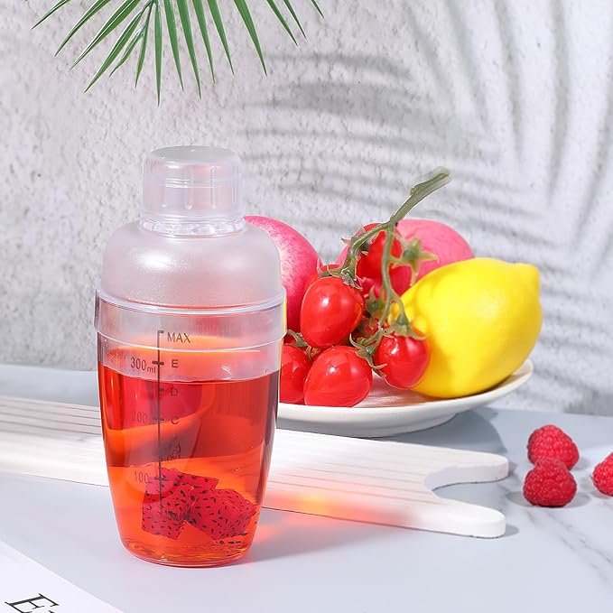 12 Pcs Plastic Cocktail Shaker with Scale and Strainer Top Clear Shaker Cup with Measurement Clear Plastic Bottle Cocktail Tea Measuring Jigger for Coffee Bubble Tea Milk, 350ml/12oz