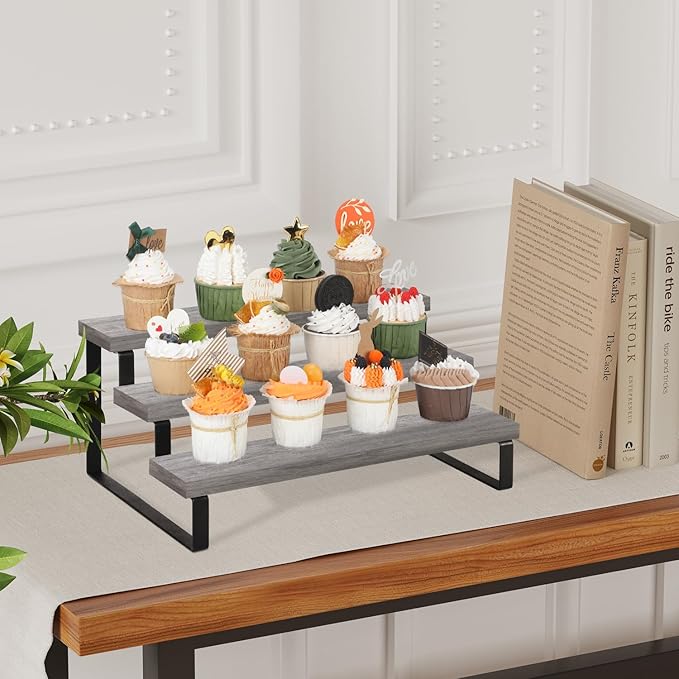 YINMIT Wooden Display Riser Stand, Tiered Perfume and Cologne Organizer Stand, 3 Tier Spice Rack Organizer, Rustic Display Shelf for Candles (3 Tier,Grey)