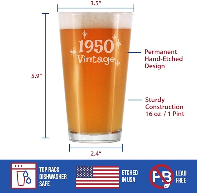 Vintage 1950 Pint Glass for Beer - 75th Birthday Gifts for Men or Women Turning 75 - Fun Bday Party Decor - 16 oz