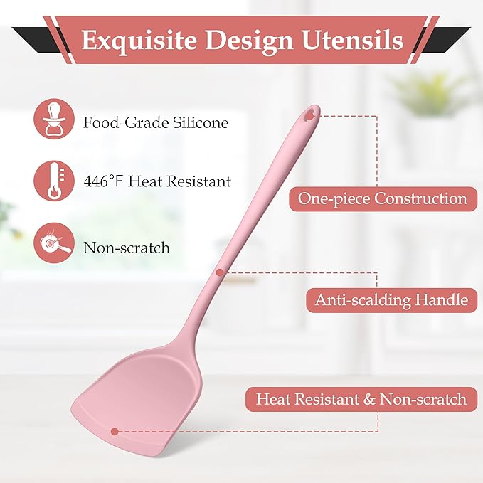 LIANYU Kitchen Silicone Utensils Set, 8Pcs Cooking Utensils Spatula Set for Nonstick Cookware, Heat Resistant Kitchen Gadgets Include Silicone Spoon, Turner, Spatula, Ladle, Dishwasher Safe, Pink