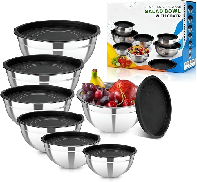 7 Piece Stainless Steel Mixing Bowls with Lids Set, Metal Mixing Bowls Nesting Design Salad Bowl for Kitchen Cooking, Baking, Prepping and Serving Food (Size 0.7, 1.1, 1.5, 2.1, 3.5, 4, 4.5QT)