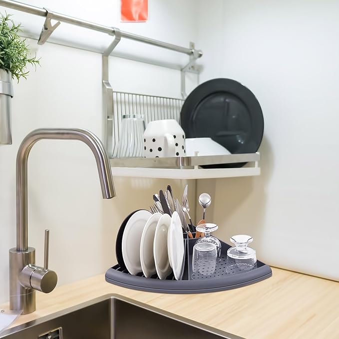 2 Pack Gray Corner Dish Racks Organizer Triangular Sink Counter Drying Rack Plastic Corner Dish Utensil Holder for Plates Bowls Utensils Knives Space Saving Kitchen, 13.7 × 13.7 inch
