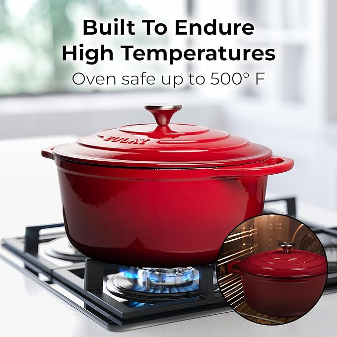 Zulay Kitchen 5 Quart Enameled Cast Iron Dutch Oven Pot with Lid – Premium Durability & Oven Safe up to 500°F – Heavy Duty Cookware Perfect for Bread Baking, Stews, Braising & Roasting – Red