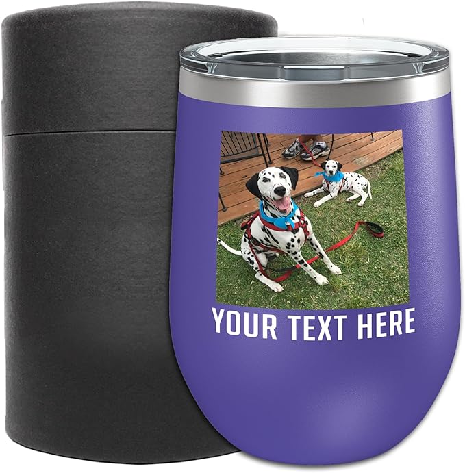Personalized Mothers Day 12oz Photo Printed Insulated Stainless Steel Powder Coated Stemless Wine Tumbler with Lid, Customized Mom Gift Idea for Her, Custom Mum Coach Gifts Team (Purple)