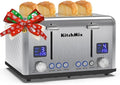 Toaster 4 Slice, KitchMix Bagel Stainless Toaster with LCD Timer, Extra Wide Slots, Dual Screen, Removal Crumb Tray (Stinless steel)