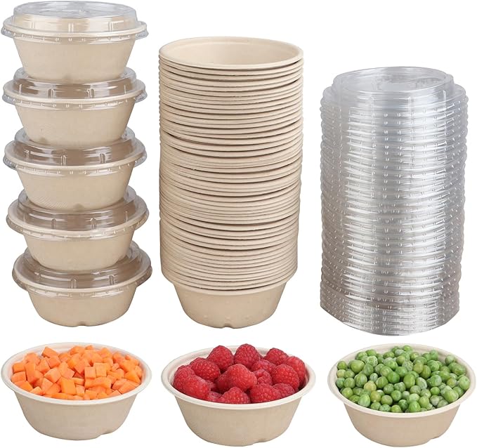 10 oz Round Disposable salad bowls with lids, Sugarcane Fiber Paper Bowls take away food containers Plant Fibers Freezer Safe 50 Pack