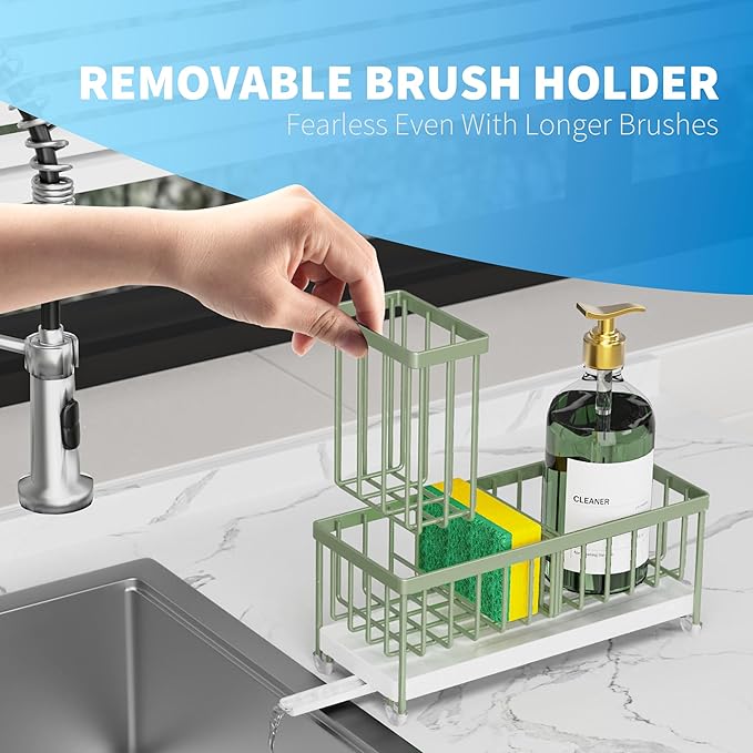 Cisily Sage Green Sponge Holder for Kitchen Sink, Sink Caddy Organizer with High Brush Holder, Kitchen Countertop Organizers and Storage Essentials, Rustproof 304 Stainless Steel, Soap Dispenser