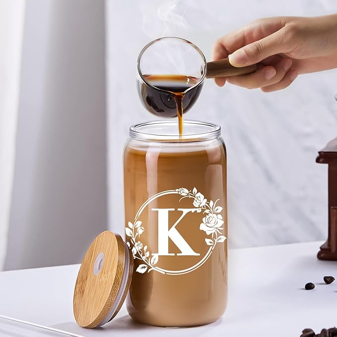 Birthday Gifts for Women, Monogrammed Initial Glass Cup Personalized Gifts for Women, 16oz Glass Cups with Lids and Straws, Iced Coffee Cup, Beer Can Shaped - Gift for Christmas, Birthday, K