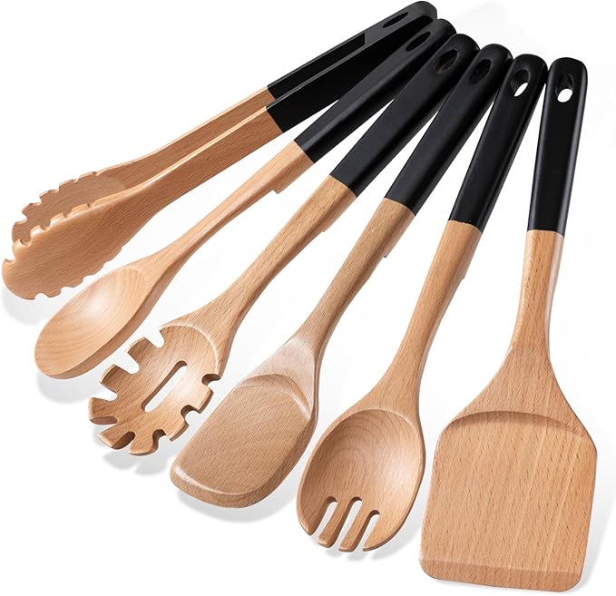 Wooden Spoons For Cooking, 6 PCS Natural Beech Wooden Cooking Utensils with Hanging Hole, Smooth Grip, Kitchen Essentials, Black