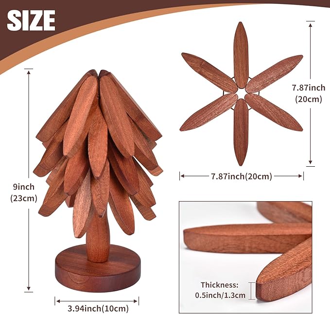 Christmas Tree Coasters - Wooden Trivets for Hot Dishes, Tree Shape Set - 5 Walnut Wood Trivets + 1 Stand (8.8 Inches)