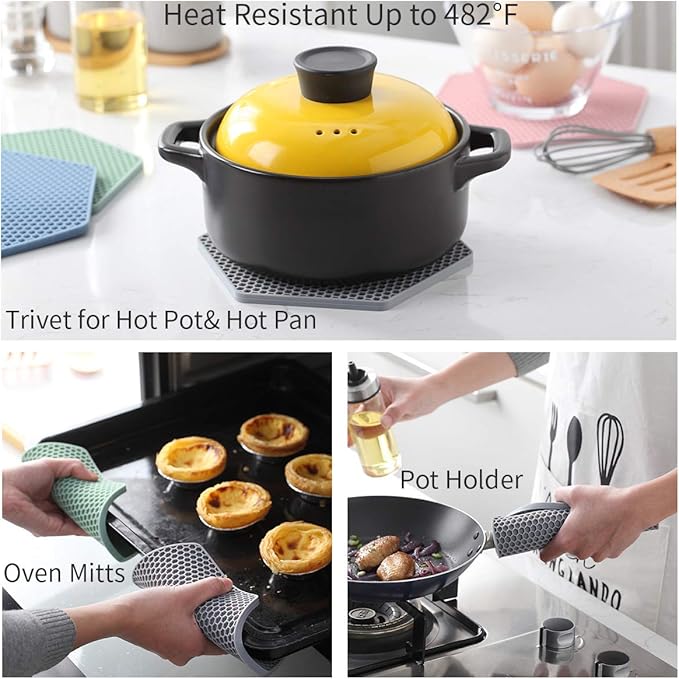 4 Packed Silicone Trivet Mats - DIY Different Size Dish Drying Mat, Hot Pot Holder for Pots & Pans, Non-Slip & Heat Resistant Kitchen Hot Pads for Countertops & Table,Grey