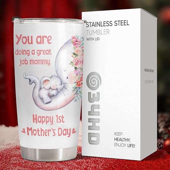 34HD Elephant Mom Tumbler 20oz, Stainless Steel Vacuum Insulated First Mothers Day Mug with Lid, Elephant Gifts for First Time, New, Expecting Mommy, Mother and Child Gifts